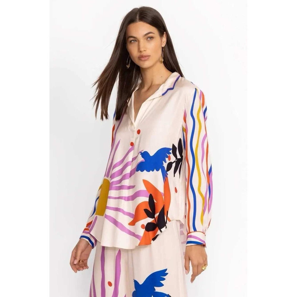 Jade By Johnny Was Mariella Endless V-Neck Blouse Sz XL Silk Blend Abstract Sun